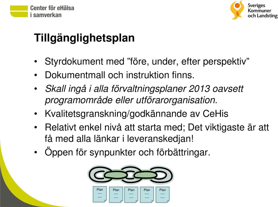 Kvalitetsgranskning/godkännande av CeHis Relativt enkel nivå att starta med; Det viktigaste är att