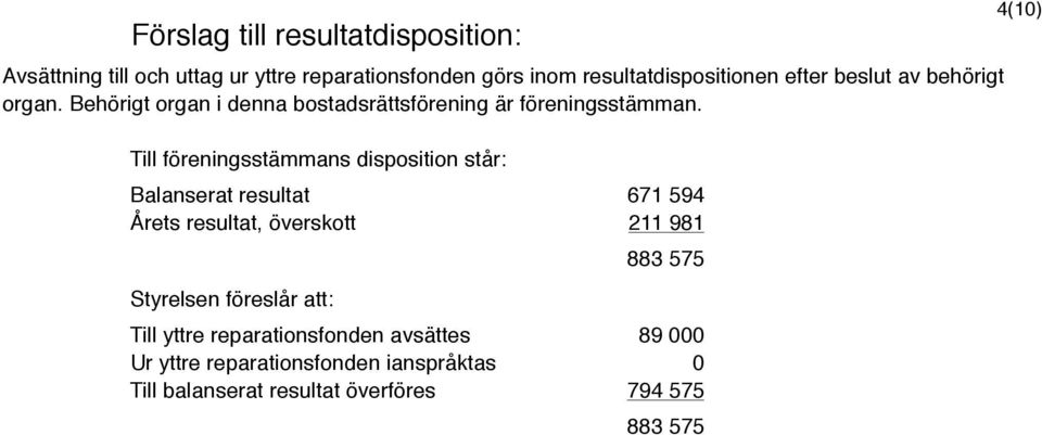 Till föreningsstämmans disposition står: Balanserat resultat 671 594 Årets resultat, överskott 211 981 Styrelsen föreslår