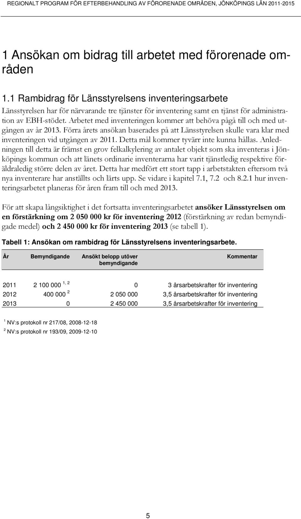 Arbetet med inventeringen kommer att behöva pågå till och med utgången av år 2013. Förra årets ansökan baserades på att Länsstyrelsen skulle vara klar med inventeringen vid utgången av 2011.