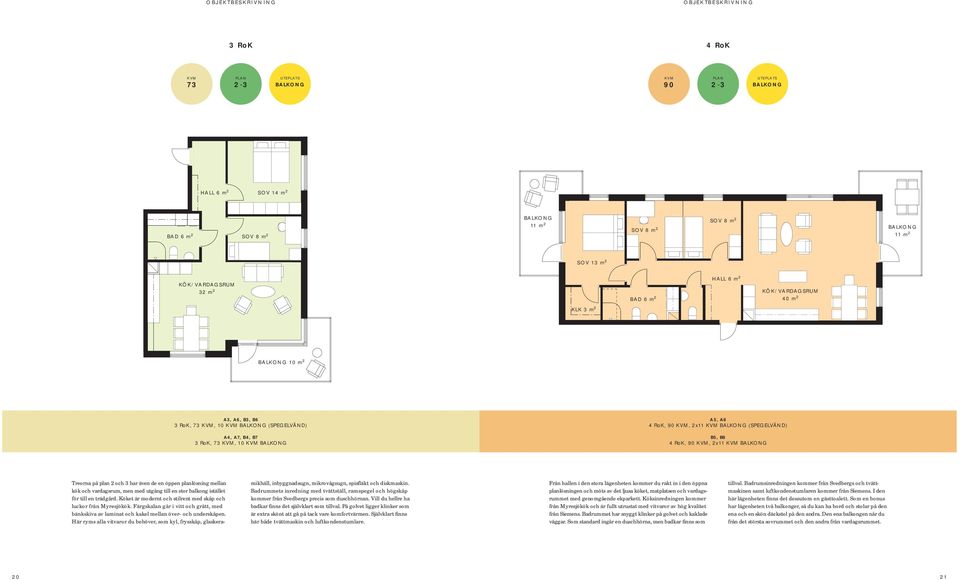 KVM BALKONG A5, A8 4 RoK, 90 KVM, 2x11 KVM BALKONG (SPEGELVÄND) B5, B8 4 RoK, 90 KVM, 2x11 KVM BALKONG Treorna på plan 2 och 3 har även de en öppen planlösning mellan kök och vardagsrum, men med