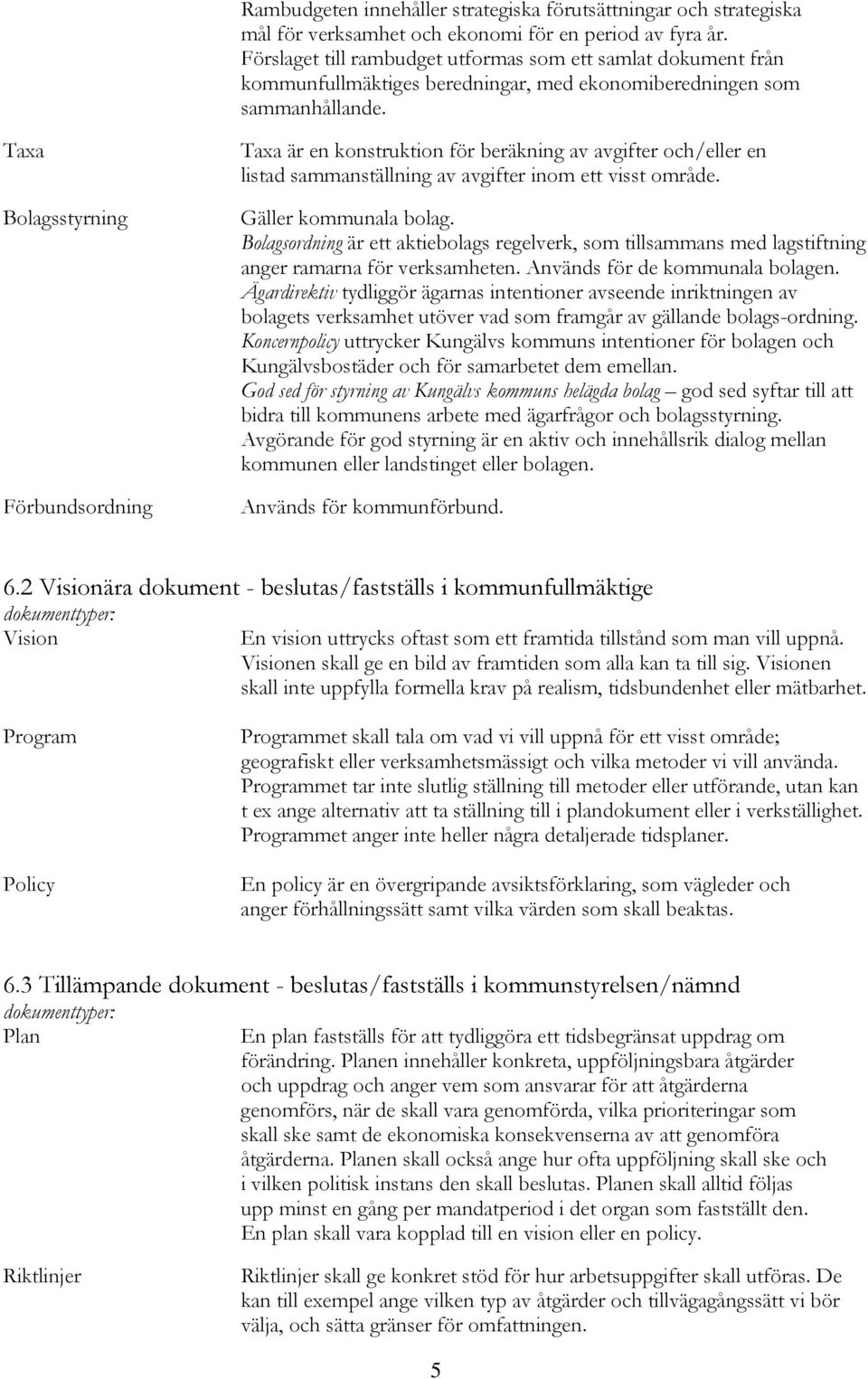 Taxa Bolagsstyrning Förbundsordning Taxa är en konstruktion för beräkning av avgifter och/eller en listad sammanställning av avgifter inom ett visst område. Gäller kommunala bolag.