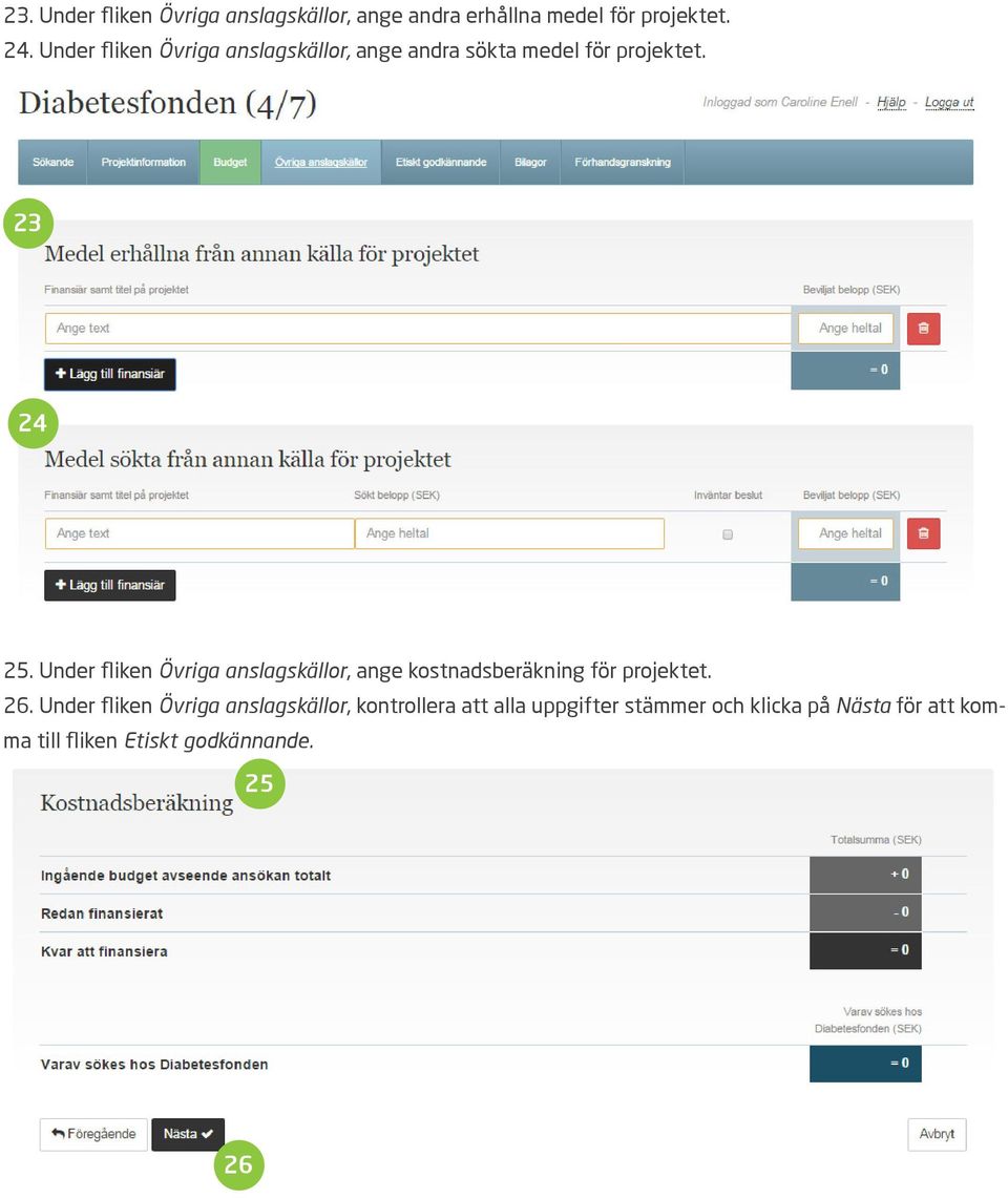 Under fliken Övriga anslagskällor, ange kostnadsberäkning för projektet. 26.