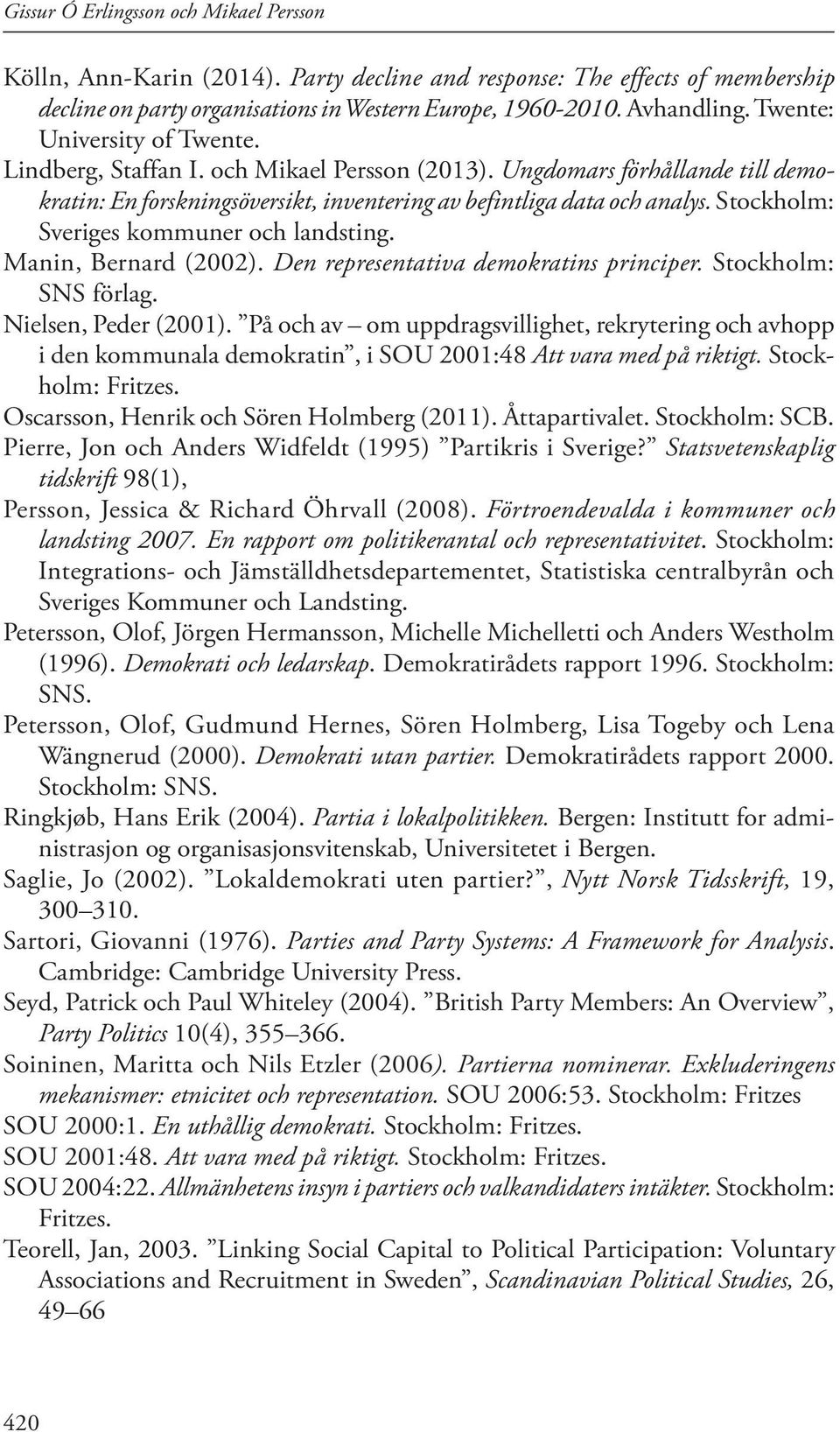 Stockholm: Sveriges kommuner och landsting. Manin, Bernard (2002). Den representativa demokratins principer. Stockholm: SNS förlag. Nielsen, Peder (2001).