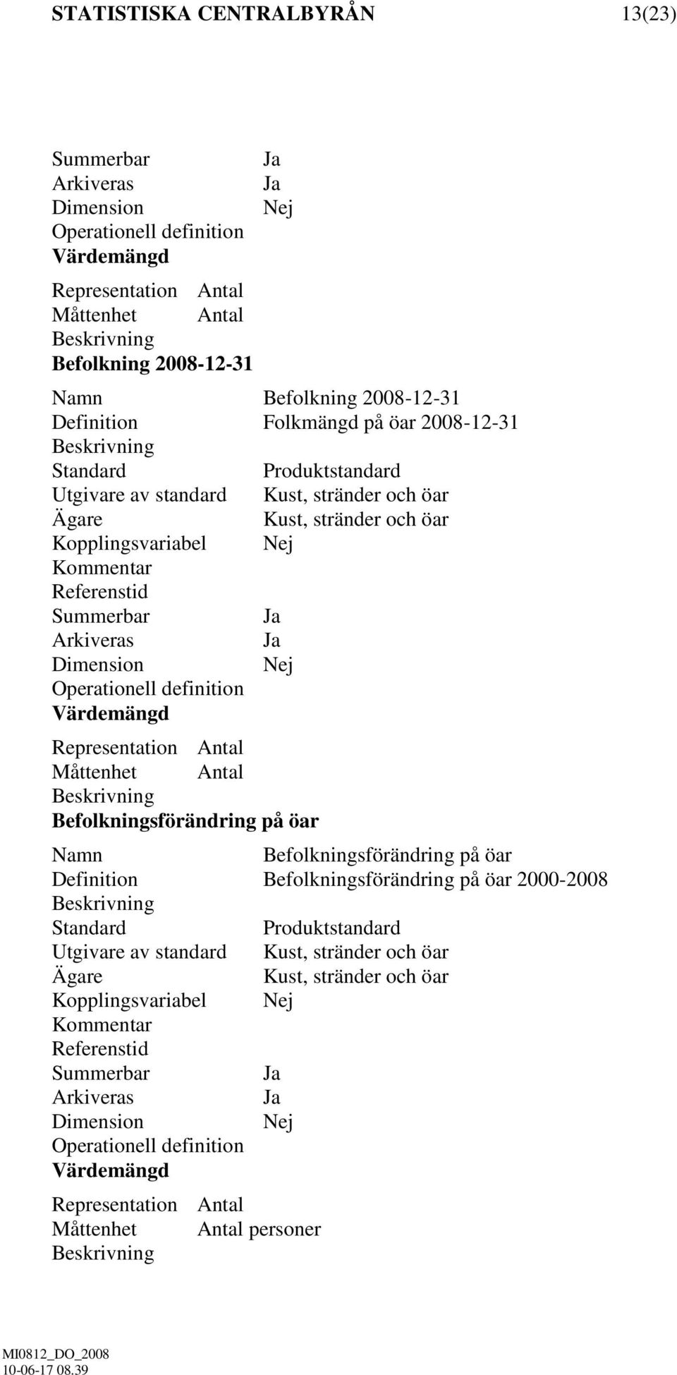 definition Värdemängd Representation Antal Måttenhet Antal Befolkningsförändring på öar Namn Befolkningsförändring på öar Definition Befolkningsförändring på öar 2000-2008 Standard