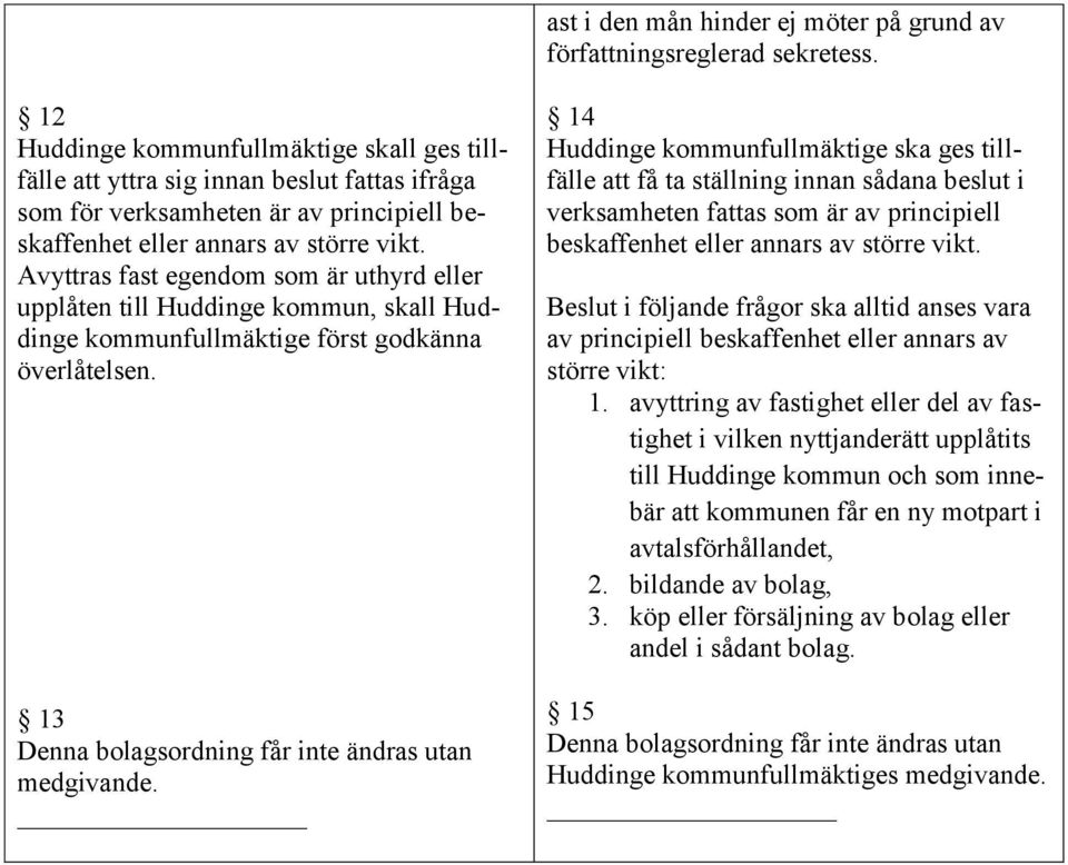 Avyttras fast egendom som är uthyrd eller upplåten till Huddinge kommun, skall Huddinge kommunfullmäktige först godkänna överlåtelsen. 13 Denna bolagsordning får inte ändras utan medgivande.