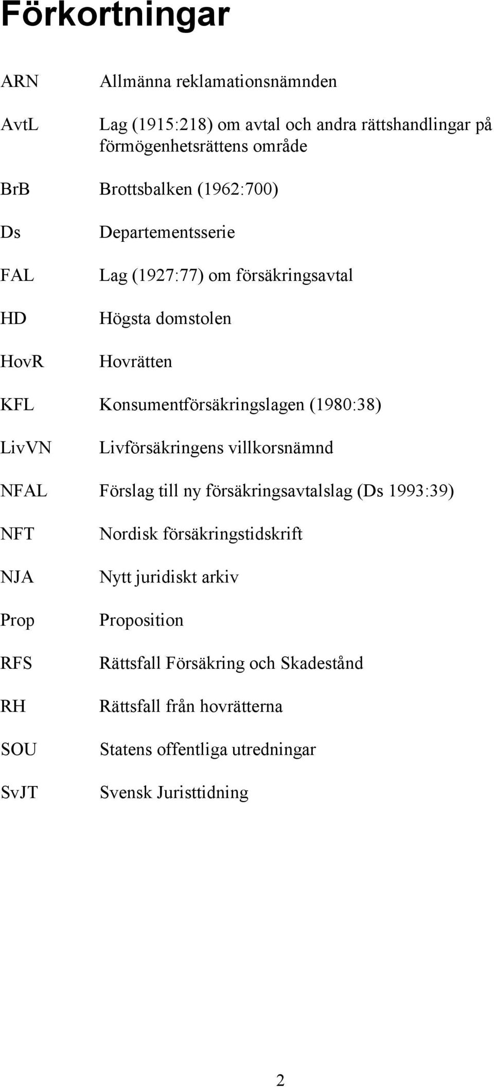 LivVN Livförsäkringens villkorsnämnd NFAL Förslag till ny försäkringsavtalslag (Ds 1993:39) NFT NJA Prop RFS RH SOU SvJT Nordisk