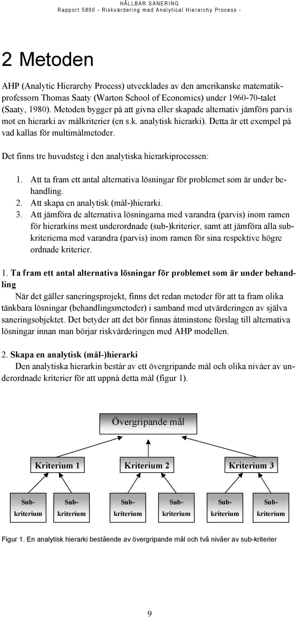 Det finns tre huvudsteg i den analytiska hierarkiprocessen: 1. Att ta fram ett antal alternativa lösningar för problemet som är under behandling. 2. Att skapa en analytisk (mål-)hierarki. 3.