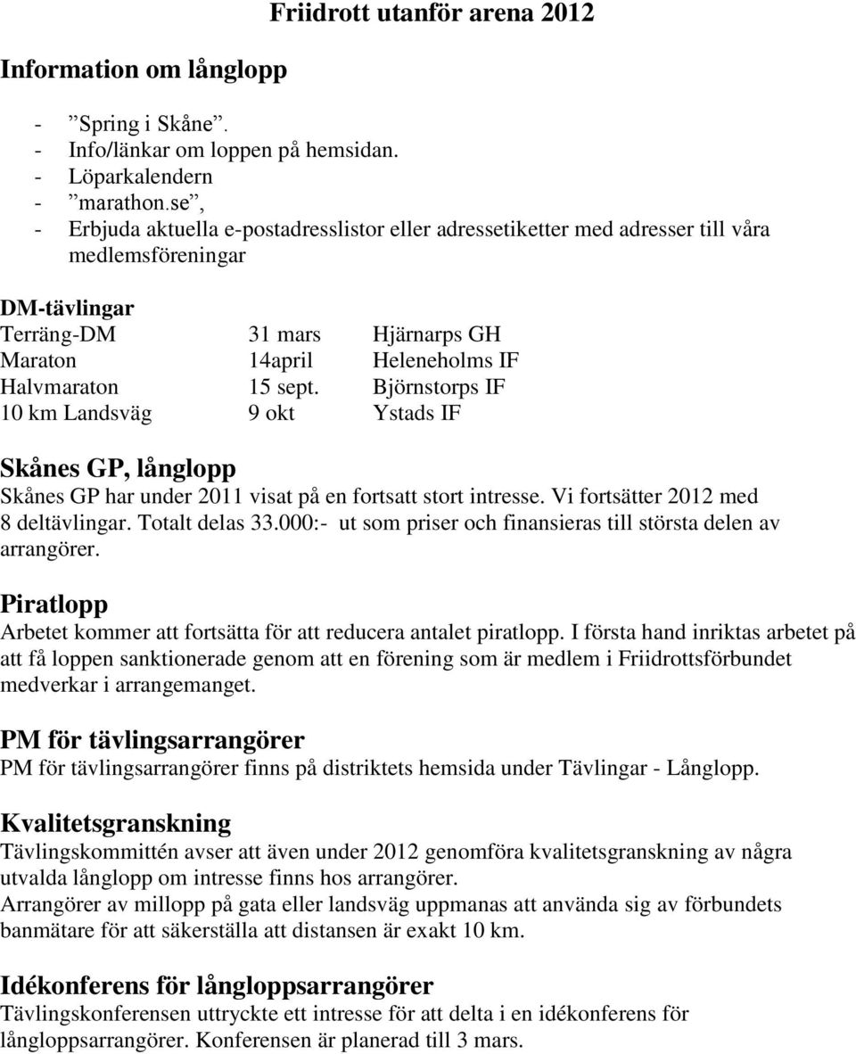 sept. Björnstorps IF 10 km Landsväg 9 okt Ystads IF Skånes GP, långlopp Skånes GP har under 2011 visat på en fortsatt stort intresse. Vi fortsätter 2012 med 8 deltävlingar. Totalt delas 33.