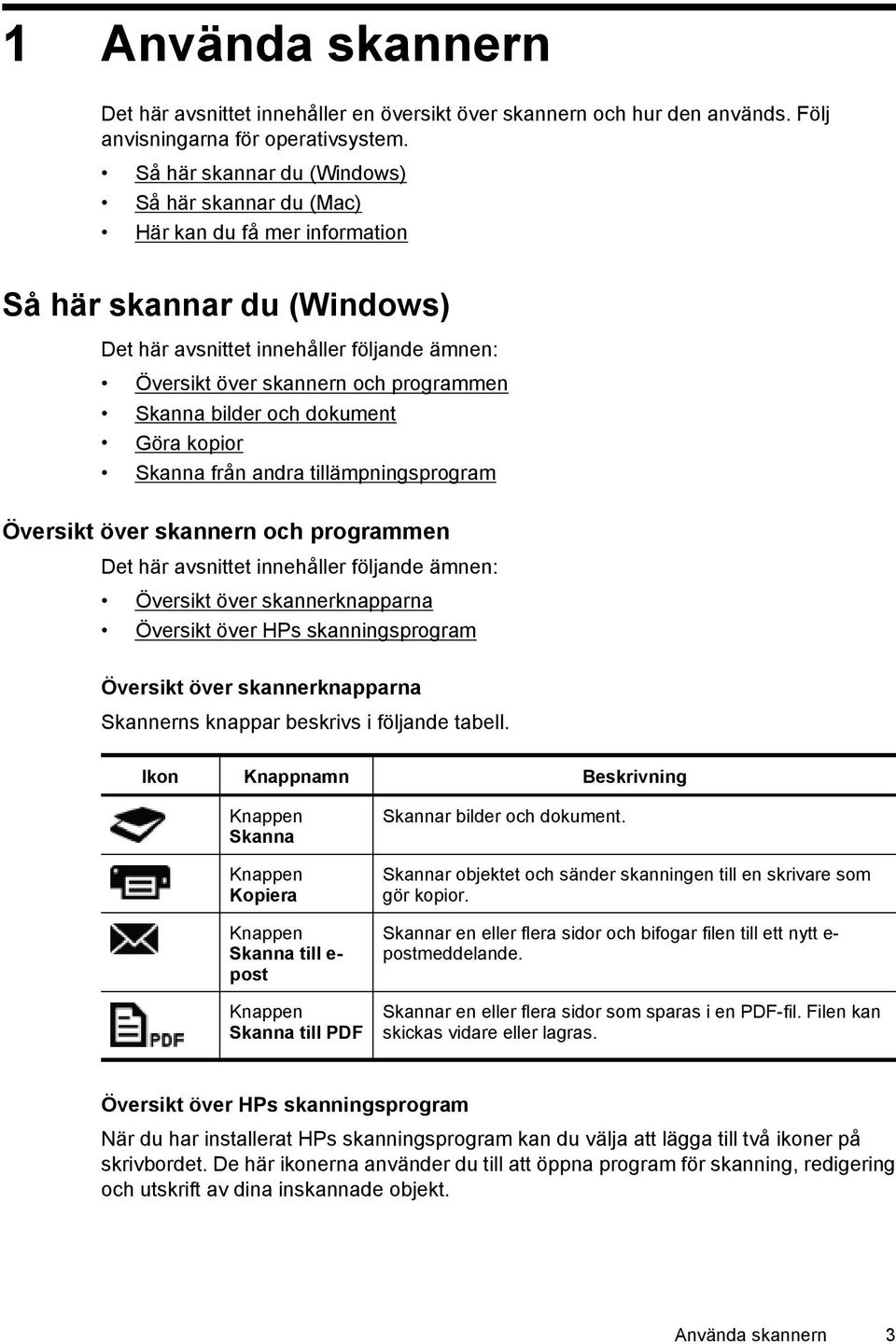 bilder och dokument Göra kopior Skanna från andra tillämpningsprogram Översikt över skannern och programmen Det här avsnittet innehåller följande ämnen: Översikt över skannerknapparna Översikt över