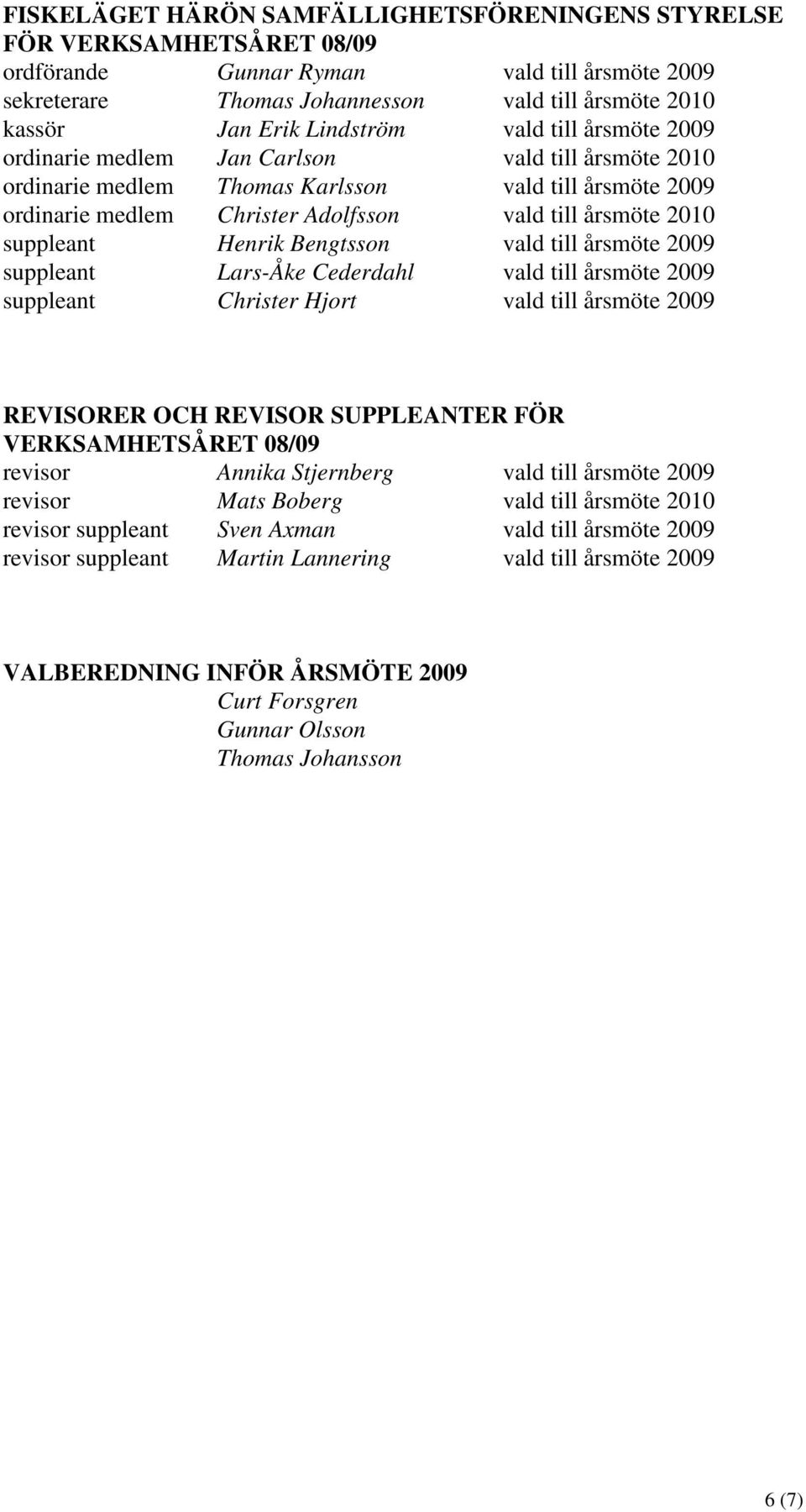 suppleant Henrik Bengtsson vald till årsmöte 2009 suppleant Lars-Åke Cederdahl vald till årsmöte 2009 suppleant Christer Hjort vald till årsmöte 2009 REVISORER OCH REVISOR SUPPLEANTER FÖR