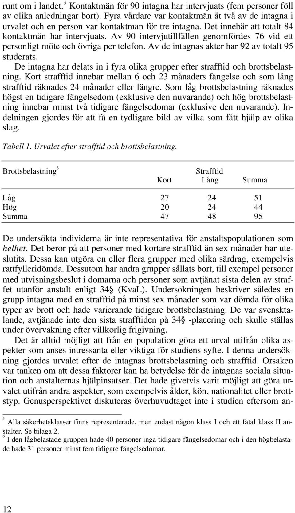 Av 90 intervjutillfällen genomfördes 76 vid ett personligt möte och övriga per telefon. Av de intagnas akter har 92 av totalt 95 studerats.