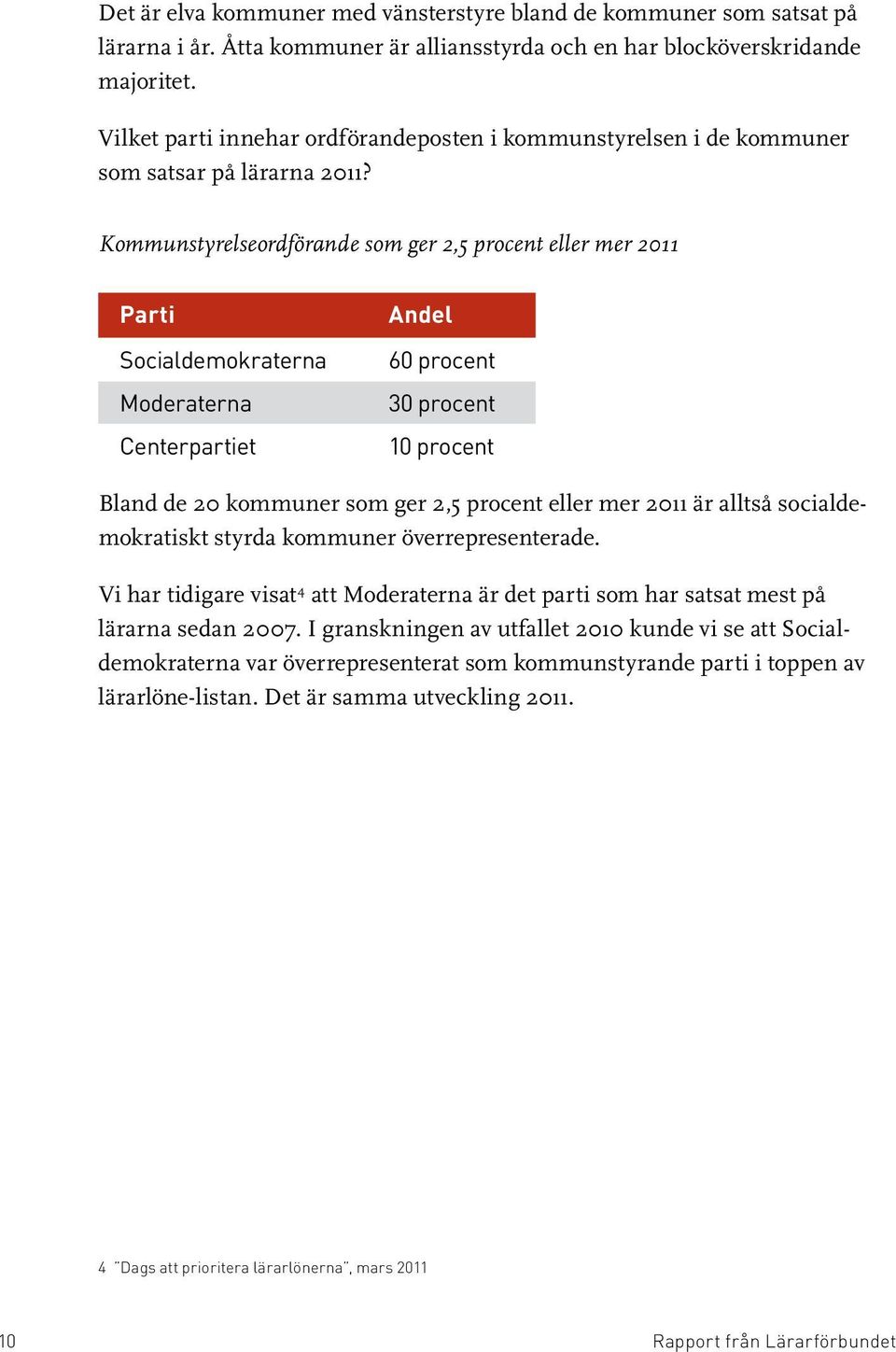 Kommunstyrelseordförande som ger 2,5 procent eller mer 2011 Parti Socialdemokraterna Moderaterna Centerpartiet Andel 60 procent 30 procent 10 procent Bland de 20 kommuner som ger 2,5 procent eller