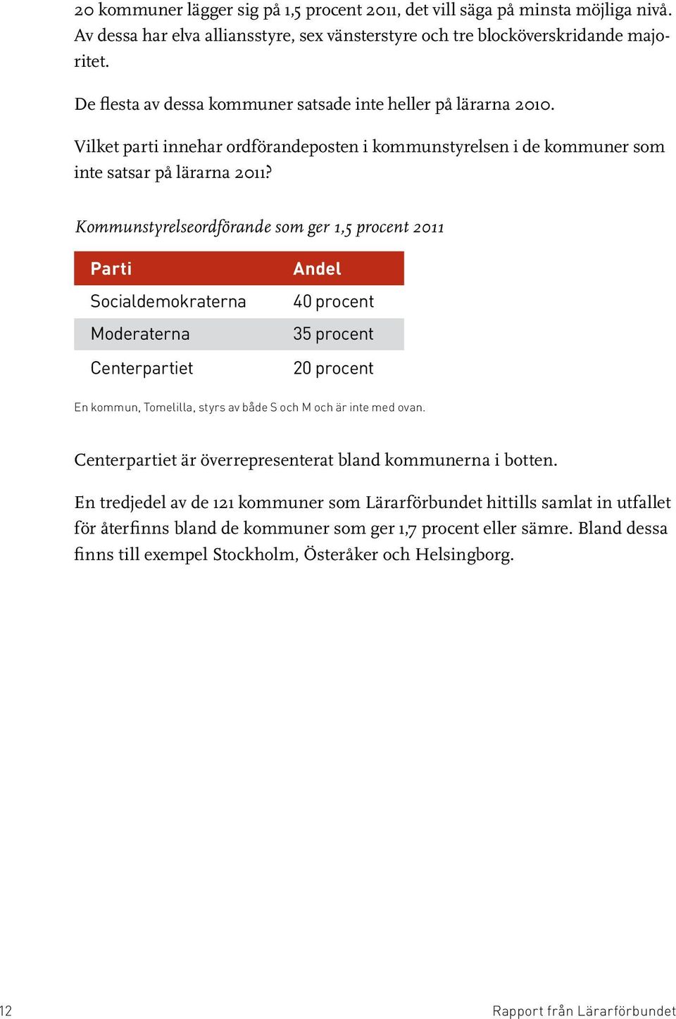 Kommunstyrelseordförande som ger 1,5 procent 2011 Parti Socialdemokraterna Moderaterna Centerpartiet Andel 40 procent 35 procent 20 procent En kommun, Tomelilla, styrs av både S och M och är inte med