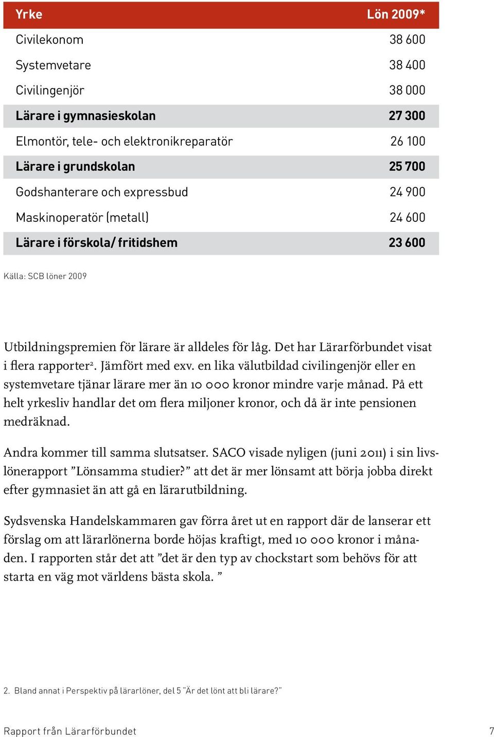 Det har Lärarförbundet visat i flera rapporter 2. Jämfört med exv. en lika välutbildad civilingenjör eller en systemvetare tjänar lärare mer än 10 000 kronor mindre varje månad.