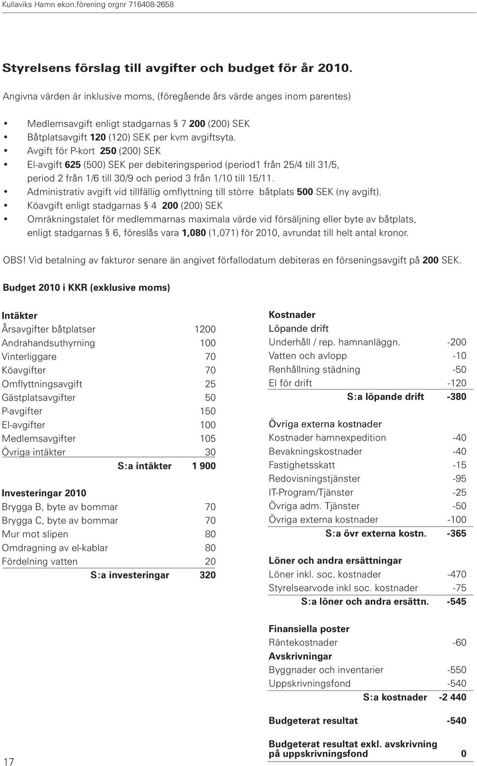 Avgift för P-kort 250 (200) SEK El-avgift 625 (500) SEK per debiteringsperiod (period1 från 25/4 till 31/5, period 2 från 1/6 till 30/9 och period 3 från 1/10 till 15/11.