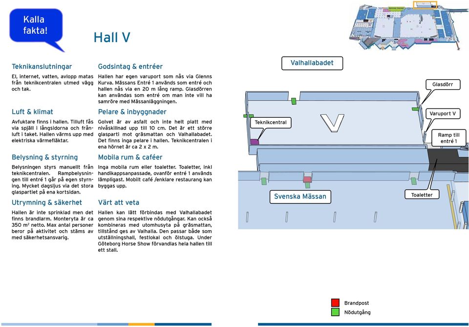 Mycket dagsljus via det stora glaspartiet på ena kortsidan. Utrymning & säkerhet Hallen är inte sprinklad men det finns brandlarm. Monteryta är ca 350 m 2 netto.