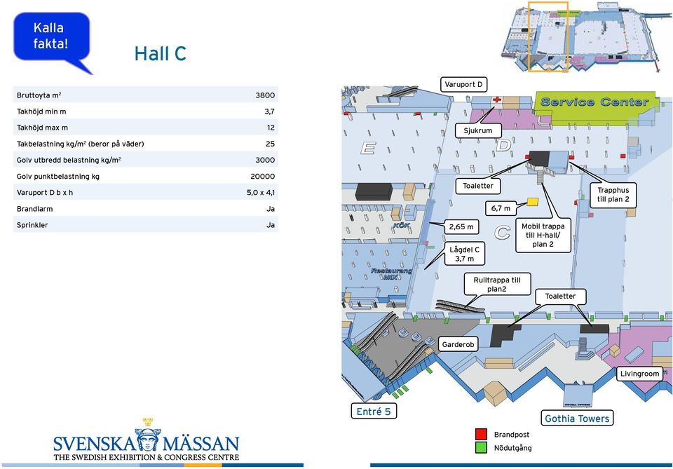 Varuport D b x h 5,0 x 4,1 Brandlarm 6,7 m Trapphus till plan 2 Sprinkler 2,65 m Lågdel C 3,7