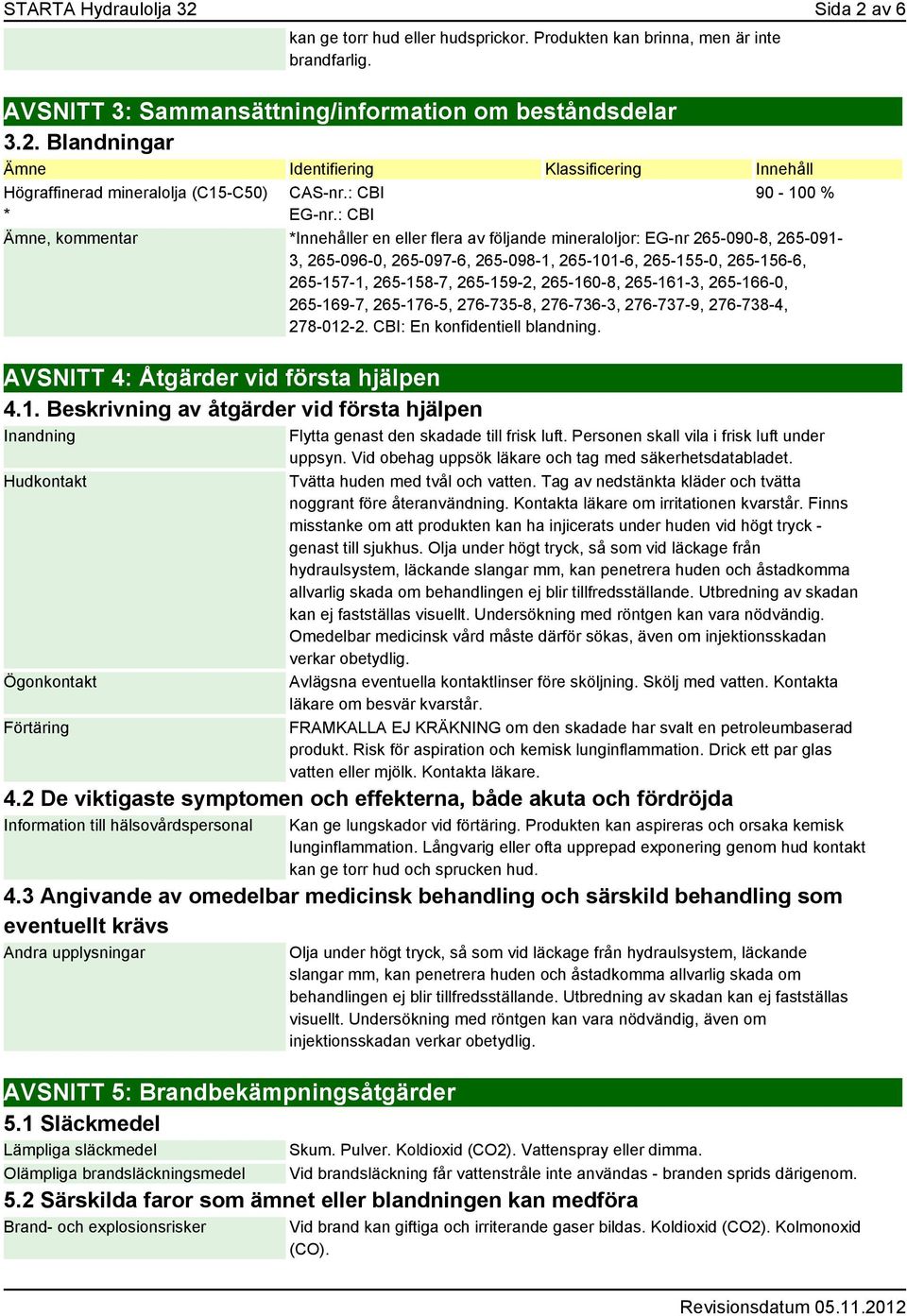 : CBI 90-100 % Ämne, kommentar *Innehåller en eller flera av följande mineraloljor: EG-nr 265-090-8, 265-091- 3, 265-096-0, 265-097-6, 265-098-1, 265-101-6, 265-155-0, 265-156-6, 265-157-1,