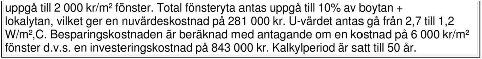 nuvärdeskostnad på 281 000 kr. U-värdet antas gå från 2,7 till 1,2 W/m²,C.