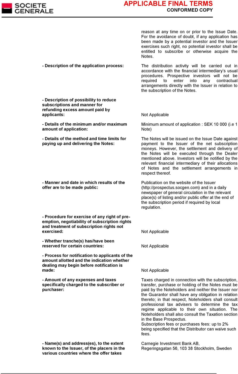 Notes. - Description of the application process: The distribution activity will be carried out in accordance with the financial intermediary s usual procedures.