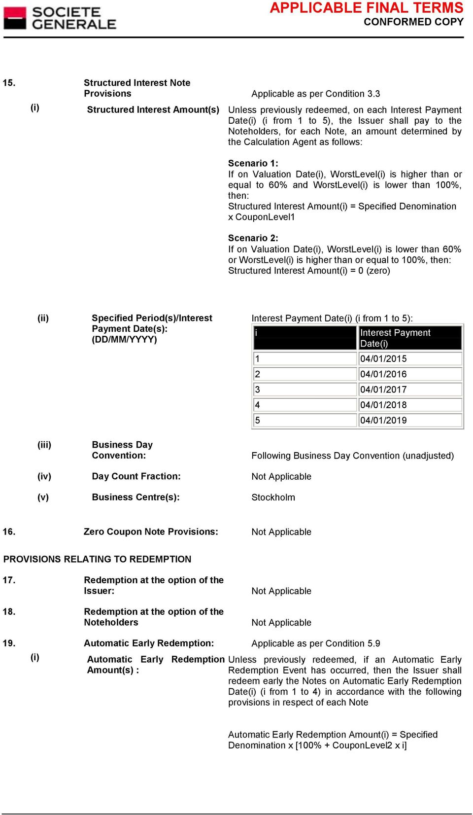 Calculation Agent as follows: Scenario 1: If on Valuation Date(i), WorstLevel(i) is higher than or equal to 60% and WorstLevel(i) is lower than 100%, then: Structured Interest Amount(i) = Specified