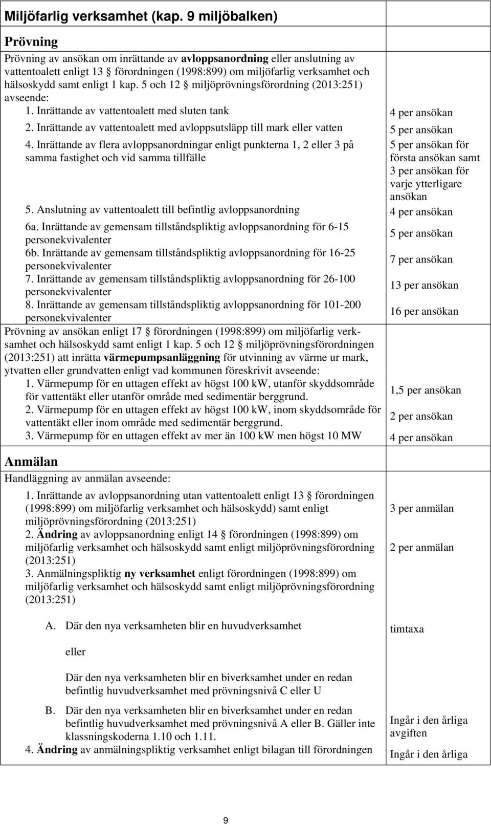 1 kap. 5 och 12 miljöprövningsförordning (2013:251) avseende: 1. Inrättande av vattentoalett med sluten tank 4 per ansökan 2.