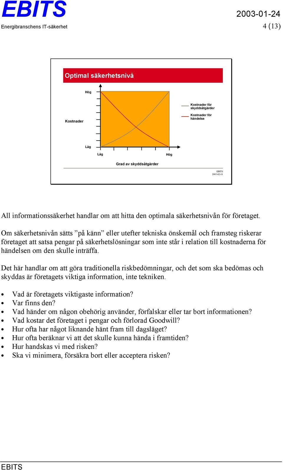 Om säkerhetsnivån sätts på känn eller utefter tekniska önskemål och framsteg riskerar företaget att satsa pengar på säkerhetslösningar som inte står i relation till kostnaderna för händelsen om den