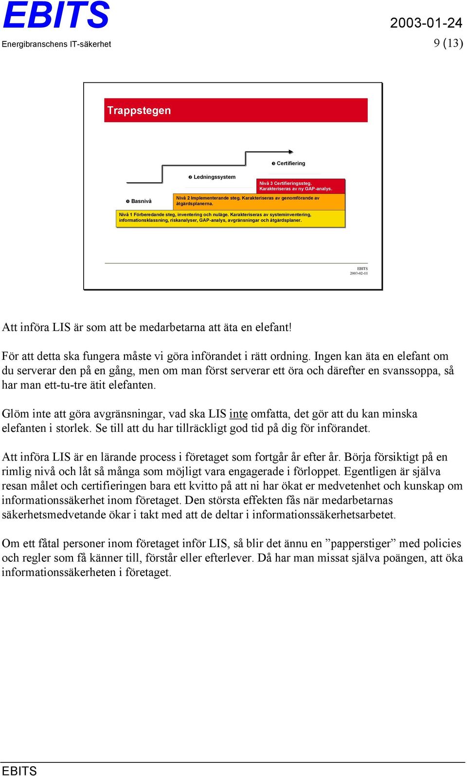 Karakteriseras av systeminventering, informationsklassning, riskanalyser, GAP-analys, avgränsningar och åtgärdsplaner. Att införa LIS är som att be medarbetarna att äta en elefant!