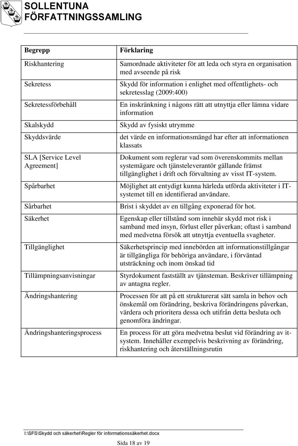 En inskränkning i någons rätt att utnyttja eller lämna vidare information Skydd av fysiskt utrymme det värde en informationsmängd har efter att informationen klassats Dokument som reglerar vad som