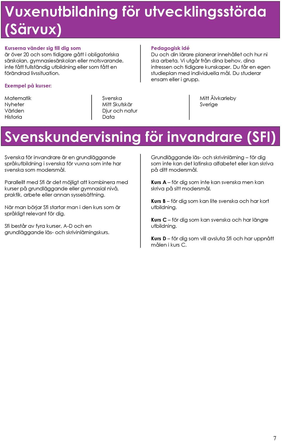 Vi utgår från dina behov, dina intressen och tidigare kunskaper. Du får en egen studieplan med individuella mål. Du studerar ensam eller i grupp.