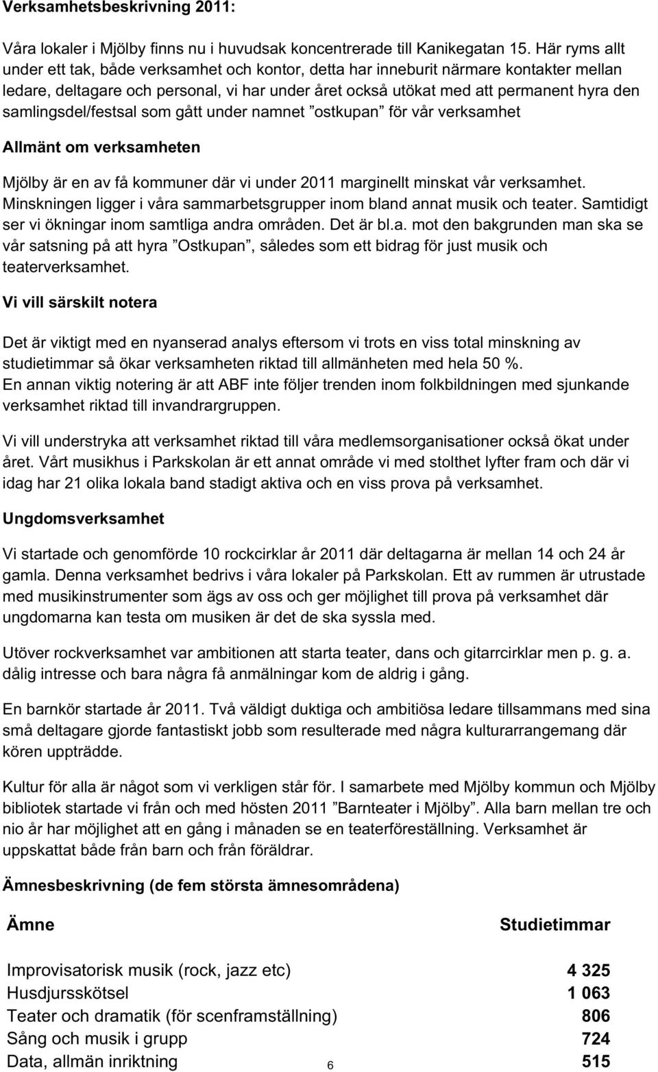 samlingsdel/festsal som gått under namnet ostkupan för vår verksamhet Allmänt om verksamheten Mjölby är en av få kommuner där vi under 2011 marginellt minskat vår verksamhet.