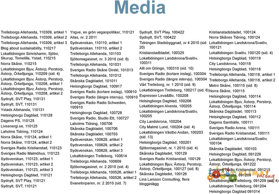 4) Lokaltidningen Bjuv, Åstorp, Perstorp, Åstorp, Örkelljunga, 110208, artikel 1 Lokaltidningen Bjuv, Åstorp, Perstorp, Åstorp, Örkelljunga, 110208, artikel 2 Sydnytt, SVT Play, 110131 Sydnytt, SVT,