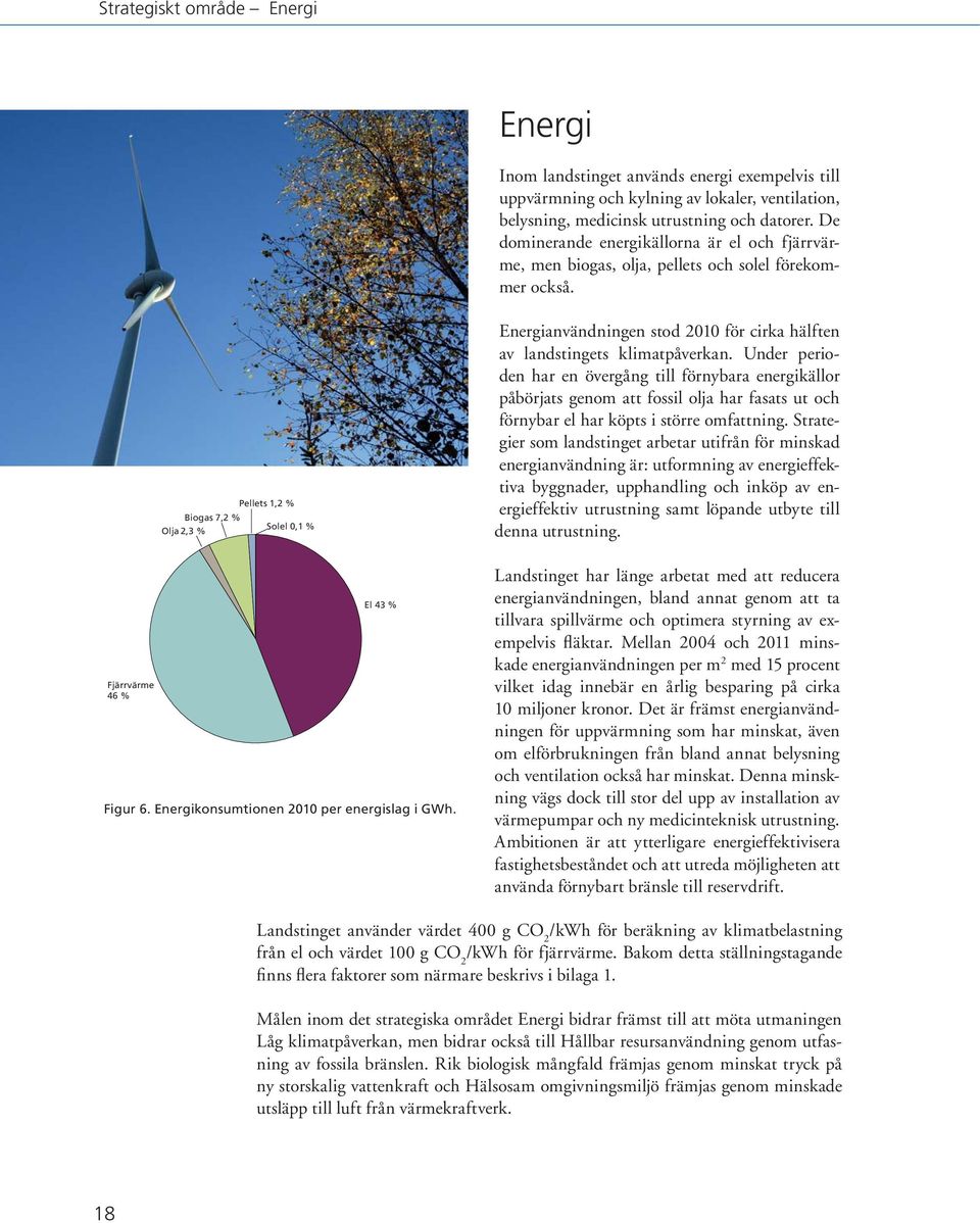 Energikonsumtionen 2010 per energislag i GWh. Energianvändningen stod 2010 för cirka hälften av landstingets klimatpåverkan.