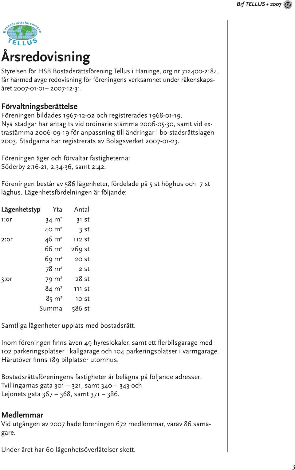 Nya stadgar har antagits vid ordinarie stämma 2006-05-30, samt vid extrastämma 2006-09-19 för anpassning till ändringar i bo-stadsrättslagen 2003.