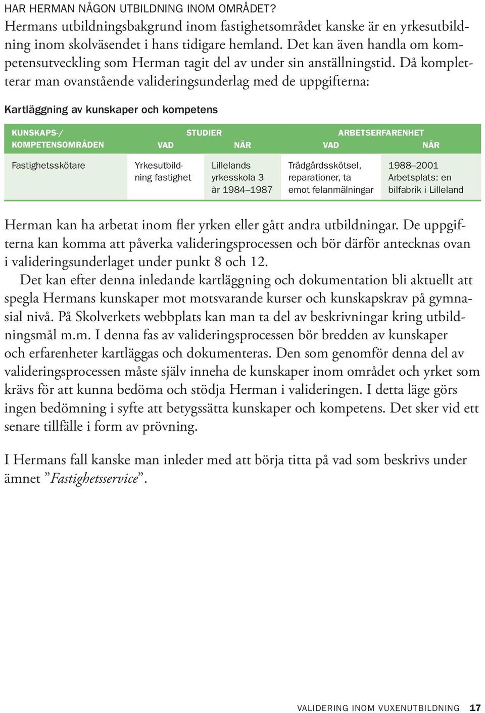 Då kompletterar man ovanstående valideringsunderlag med de uppgifterna: Kartläggning av kunskaper och kompetens Kunskaps-/ kompetensområden Studier Arbetserfarenhet Vad När Vad När Fastighetsskötare