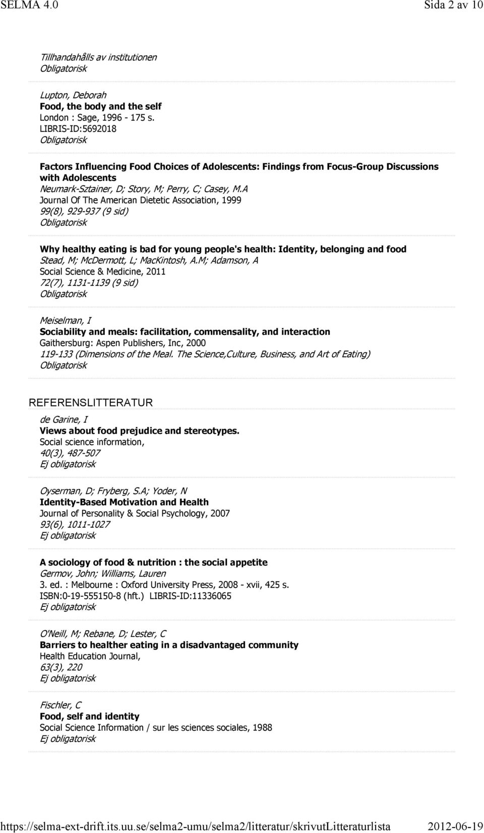 A Journal Of The American Dietetic Association, 1999 99(8), 929-937 (9 sid) Why healthy eating is bad for young people's health: Identity, belonging and food Stead, M; McDermott, L; MacKintosh, A.