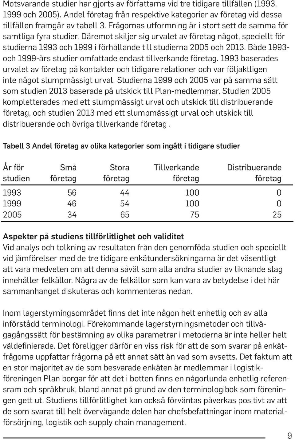 Både 1993- och 1999-års studier omfattade endast tillverkande företag. 1993 baserades urvalet av företag på kontakter och tidigare relationer och var följaktligen inte något slumpmässigt urval.