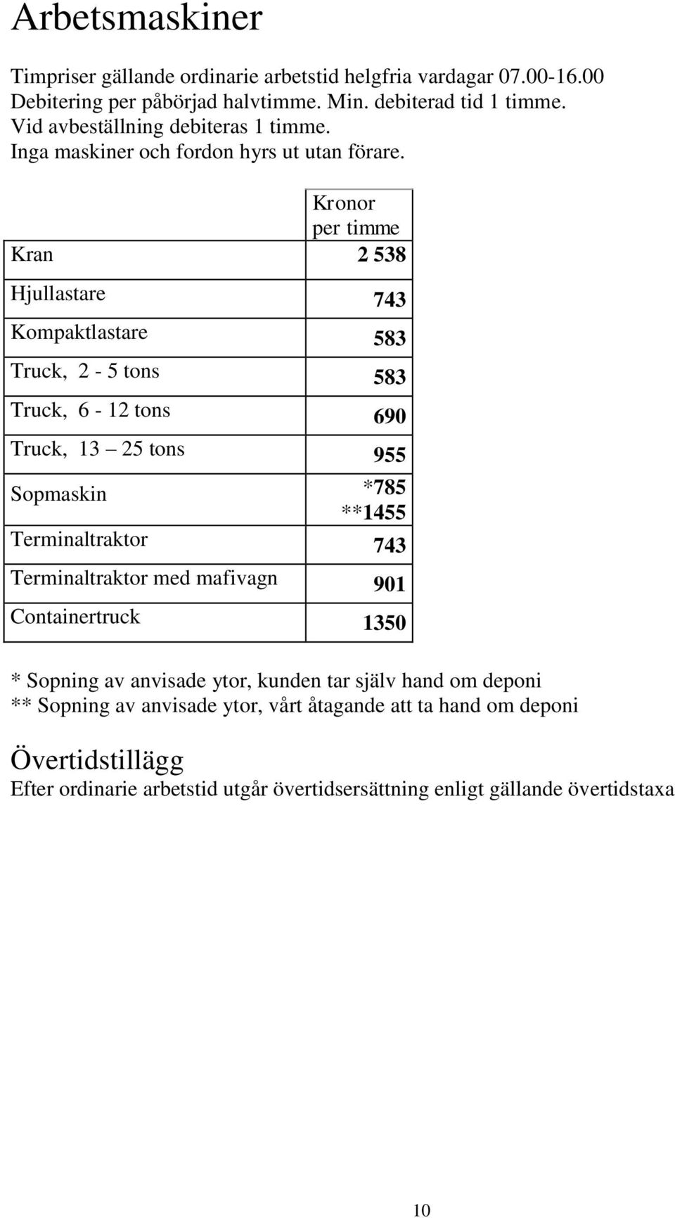 Kronor per timme Kran 2 538 Hjullastare 743 Kompaktlastare 583 Truck, 2-5 tons 583 Truck, 6-12 tons 690 Truck, 13 25 tons 955 Sopmaskin *785 **1455 Terminaltraktor 743