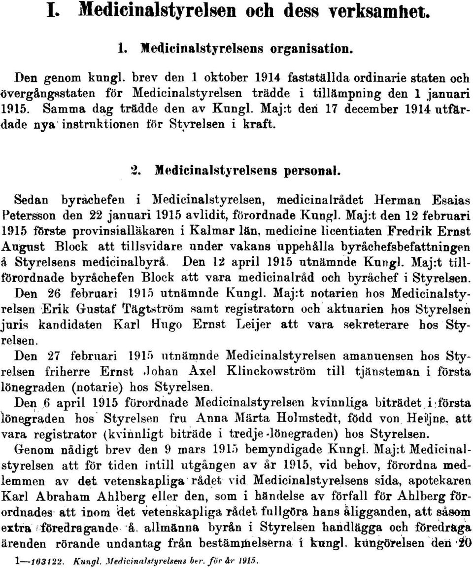 Maj:t den 17 december 1914 utfärdade nya instruktionen för Styrelsen i kraft. 2. Medicinalstyrelsens personal.