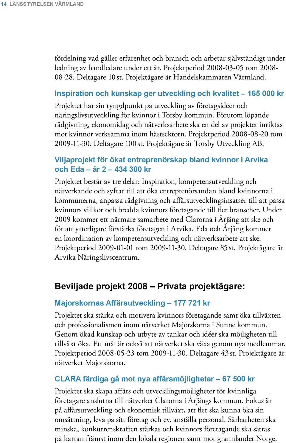 Inspiration och kunskap ger utveckling och kvalitet 165 000 kr Projektet har sin tyngdpunkt på utveckling av företagsidéer och näringslivsutveckling för kvinnor i Torsby kommun.