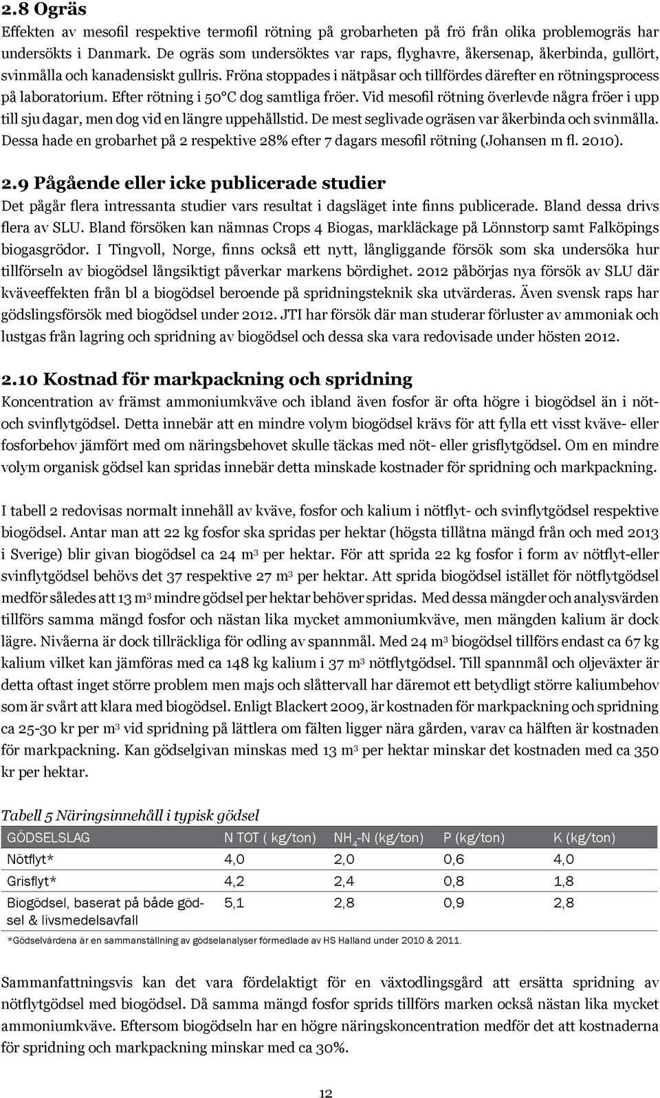 Efter rötning i 50 C dog samtliga fröer. Vid mesofil rötning överlevde några fröer i upp till sju dagar, men dog vid en längre uppehållstid. De mest seglivade ogräsen var åkerbinda och svinmålla.