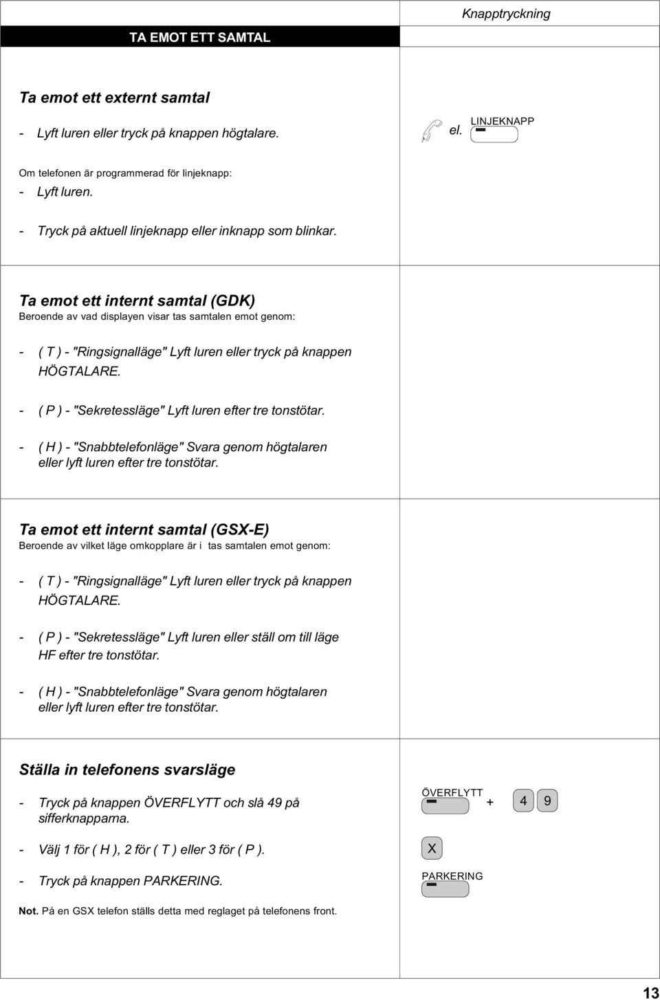 Ta emot ett internt samtal (GDK) Beroende av vad displayen visar tas samtalen emot genom: - ( T ) - "Ringsignalläge" Lyft luren eller tryck på knappen HÖGTALARE.