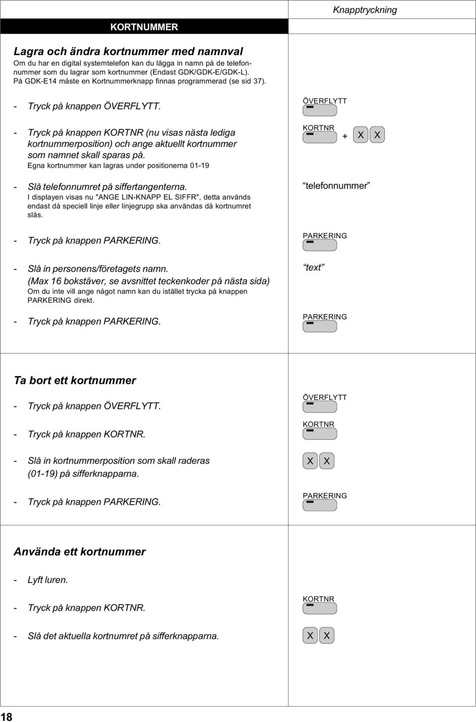 - Tryck på knappen KORTNR (nu visas nästa lediga kortnummerposition) och ange aktuellt kortnummer som namnet skall sparas på.