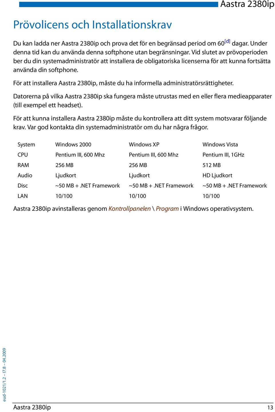 För att installera Aastra 2380ip, måste du ha informella administratörsrättigheter.