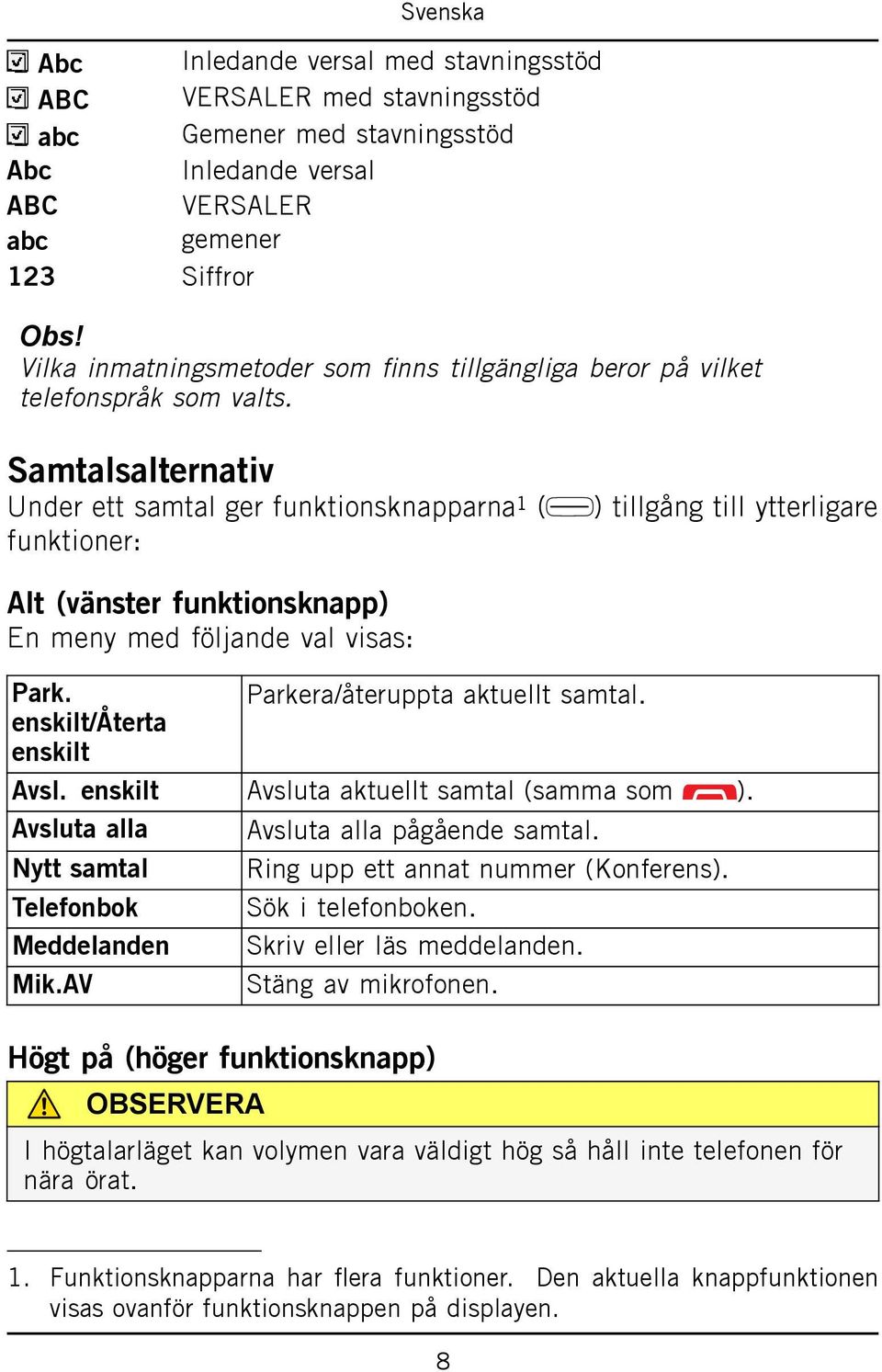 Samtalsalternativ Under ett samtal ger funktionsknapparna 1 ( funktioner: ) tillgång till ytterligare Alt (vänster funktionsknapp) En meny med följande val visas: Park.