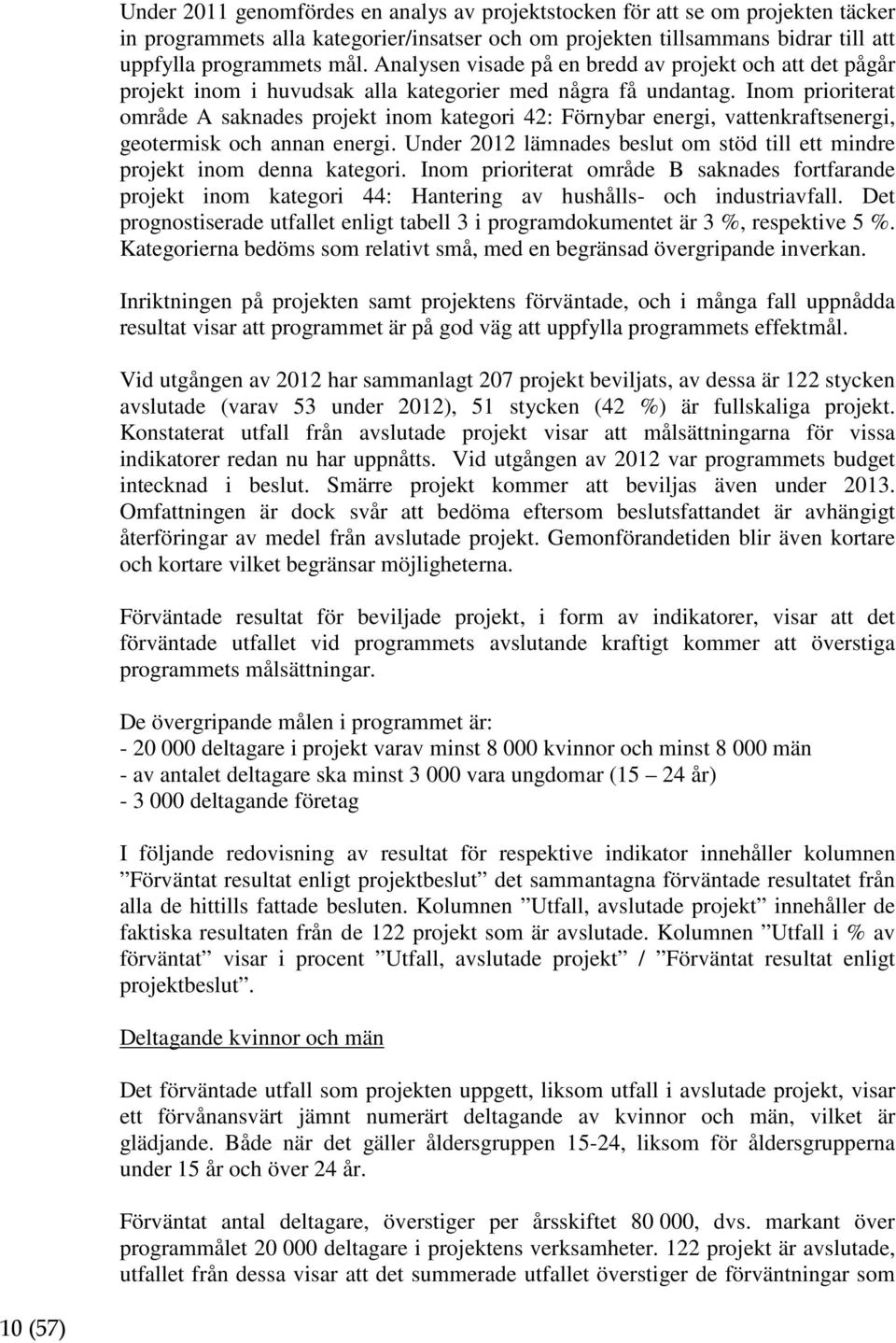 Inom prioriterat område A saknades projekt inom kategori 42: Förnybar energi, vattenkraftsenergi, geotermisk och annan energi.