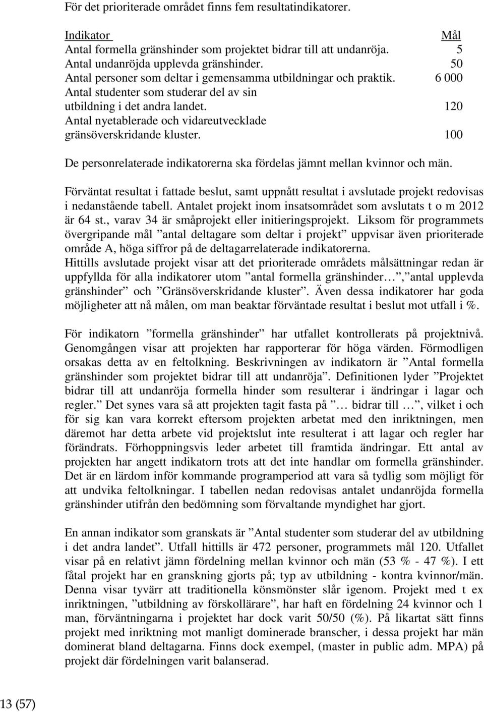 120 Antal nyetablerade och vidareutvecklade gränsöverskridande kluster. 100 De personrelaterade indikatorerna ska fördelas jämnt mellan kvinnor och män.