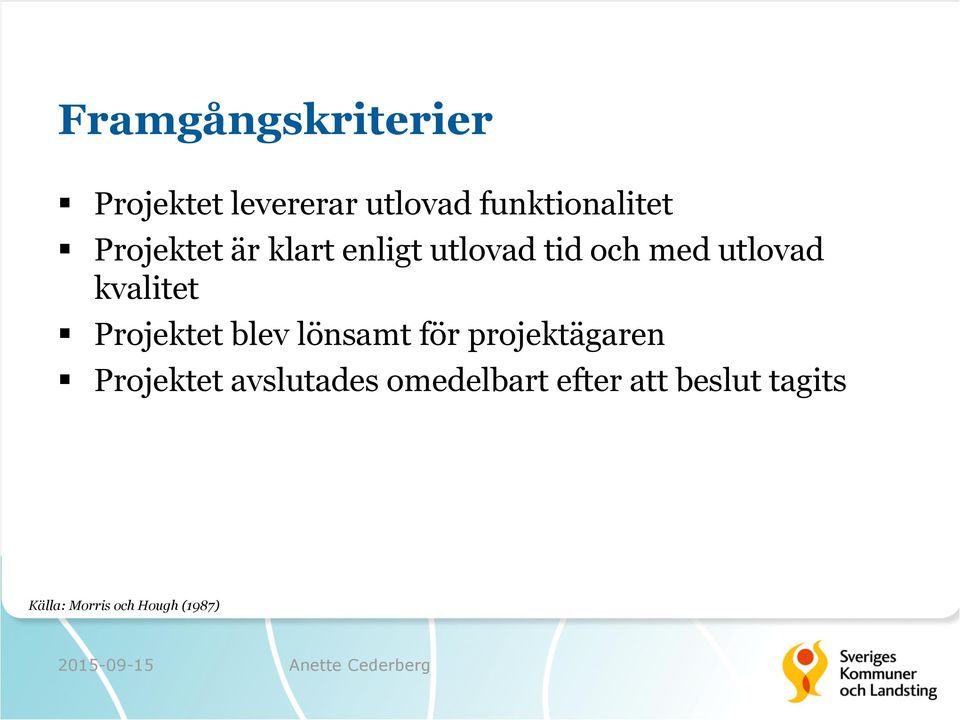 Projektet blev lönsamt för projektägaren Projektet avslutades
