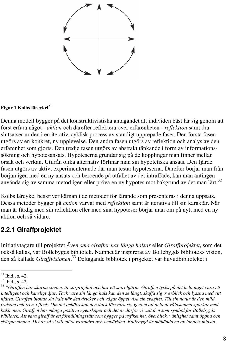 Den andra fasen utgörs av reflektion och analys av den erfarenhet som gjorts. Den tredje fasen utgörs av abstrakt tänkande i form av informationssökning och hypotesansats.