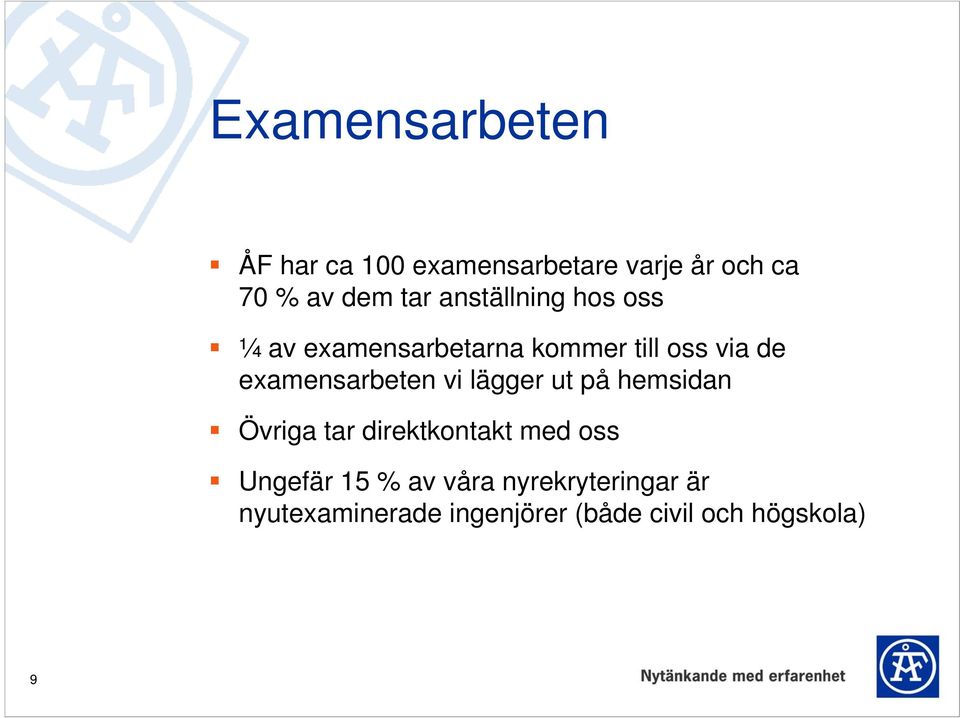 examensarbeten vi lägger ut på hemsidan Övriga tar direktkontakt med oss